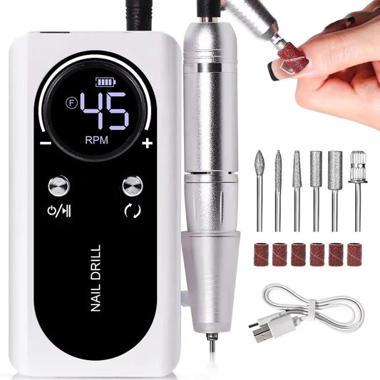 Professional 45,000RPM Rechargeable Electric Nail Drill Machine – Portable Low Noise Nail Sander & File for Salon or Hom