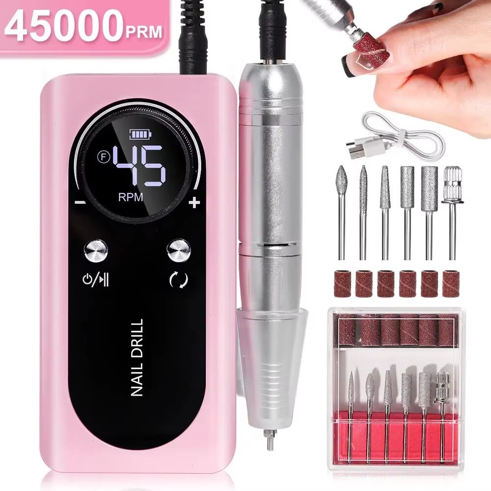 Professional 45,000RPM Rechargeable Electric Nail Drill Machine – Portable Low Noise Nail Sander & File for Salon or Hom