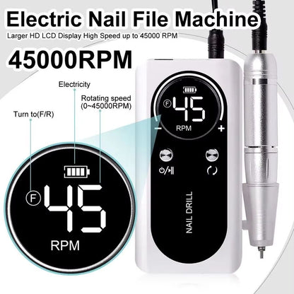 Professional 45,000RPM Rechargeable Electric Nail Drill Machine – Portable Low Noise Nail Sander & File for Salon or Hom