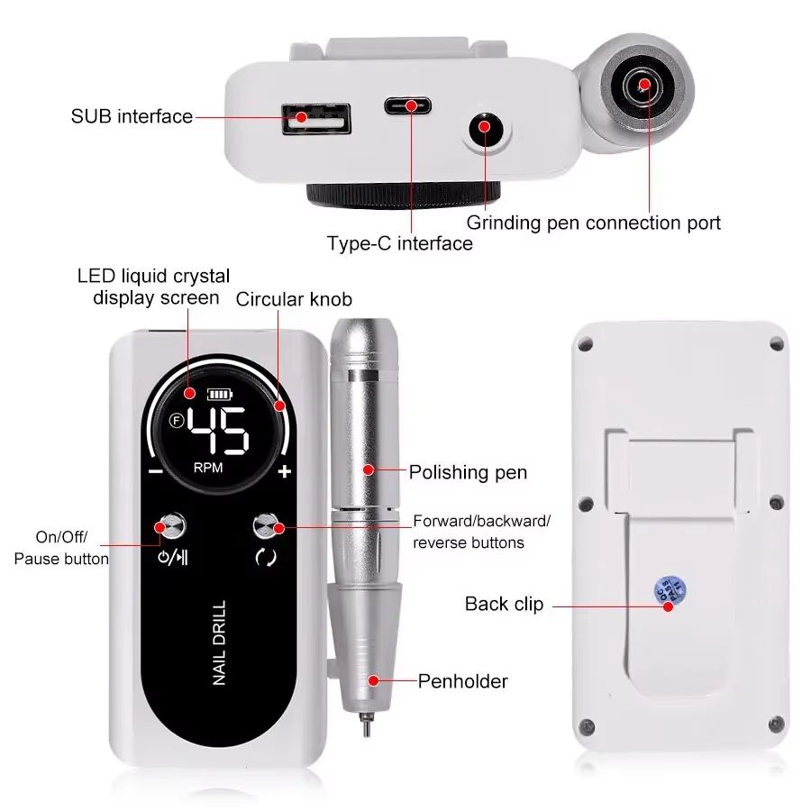 Professional 45,000RPM Rechargeable Electric Nail Drill Machine – Portable Low Noise Nail Sander & File for Salon or Hom