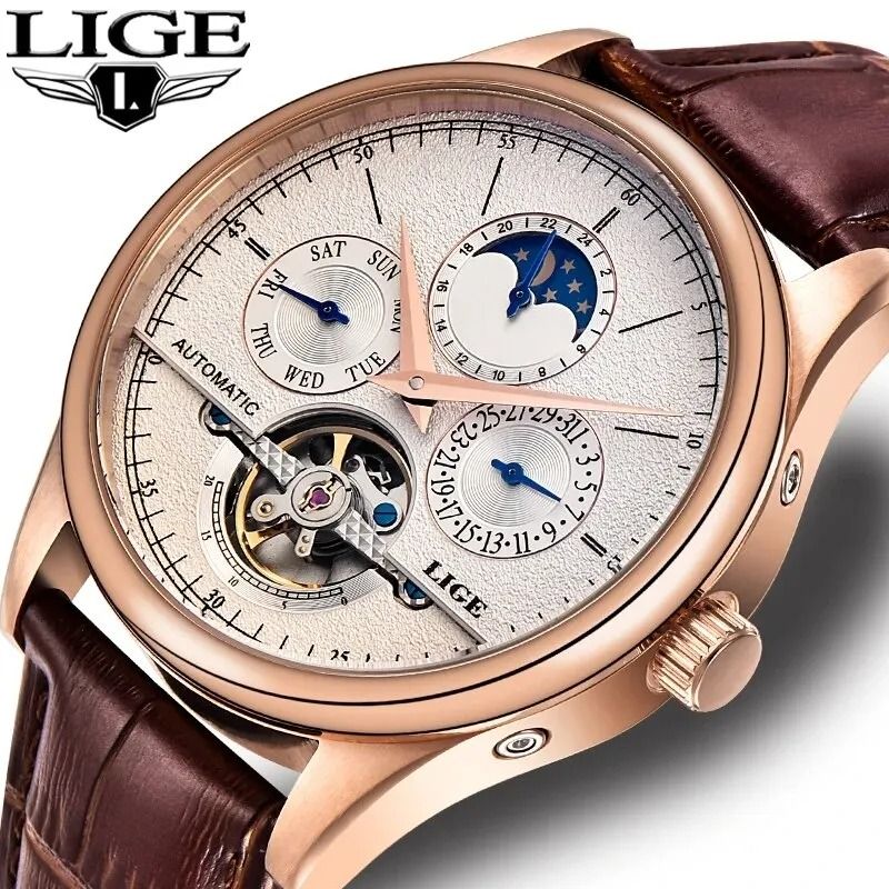 LIGE Men Automatic Mechanical Tourbillon Watch