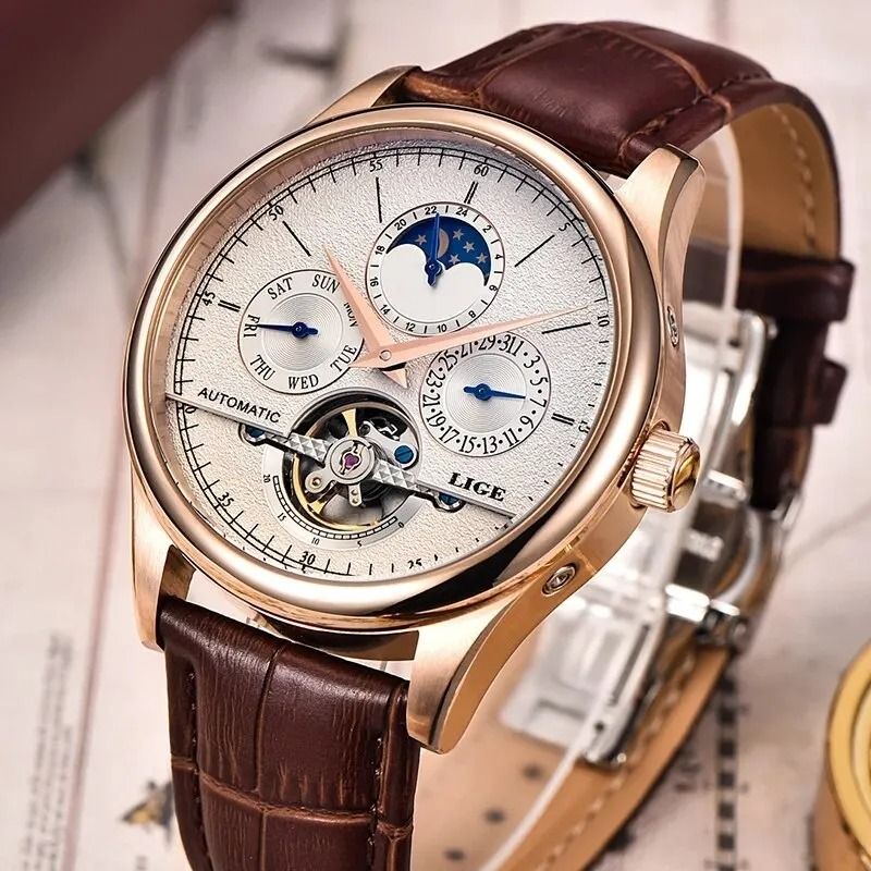 LIGE Men Automatic Mechanical Tourbillon Watch