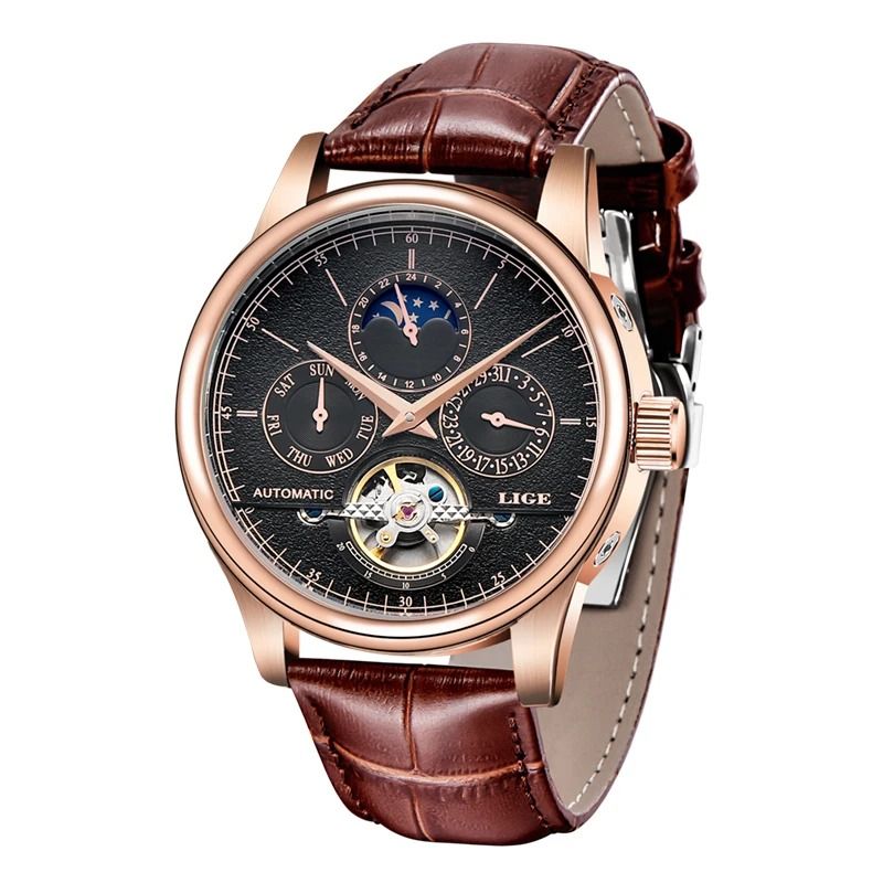 LIGE Men Automatic Mechanical Tourbillon Watch