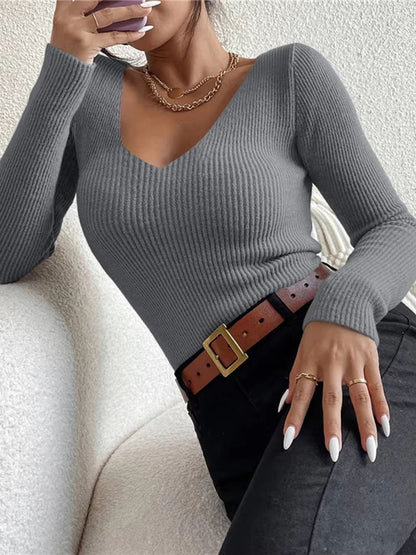 2025 Autumn Winter Women's Rib Knit V-Neck Sweater – Cozy Y2K Stripe Pullover Top