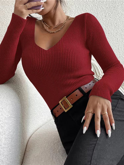 2025 Autumn Winter Women's Rib Knit V-Neck Sweater – Cozy Y2K Stripe Pullover Top