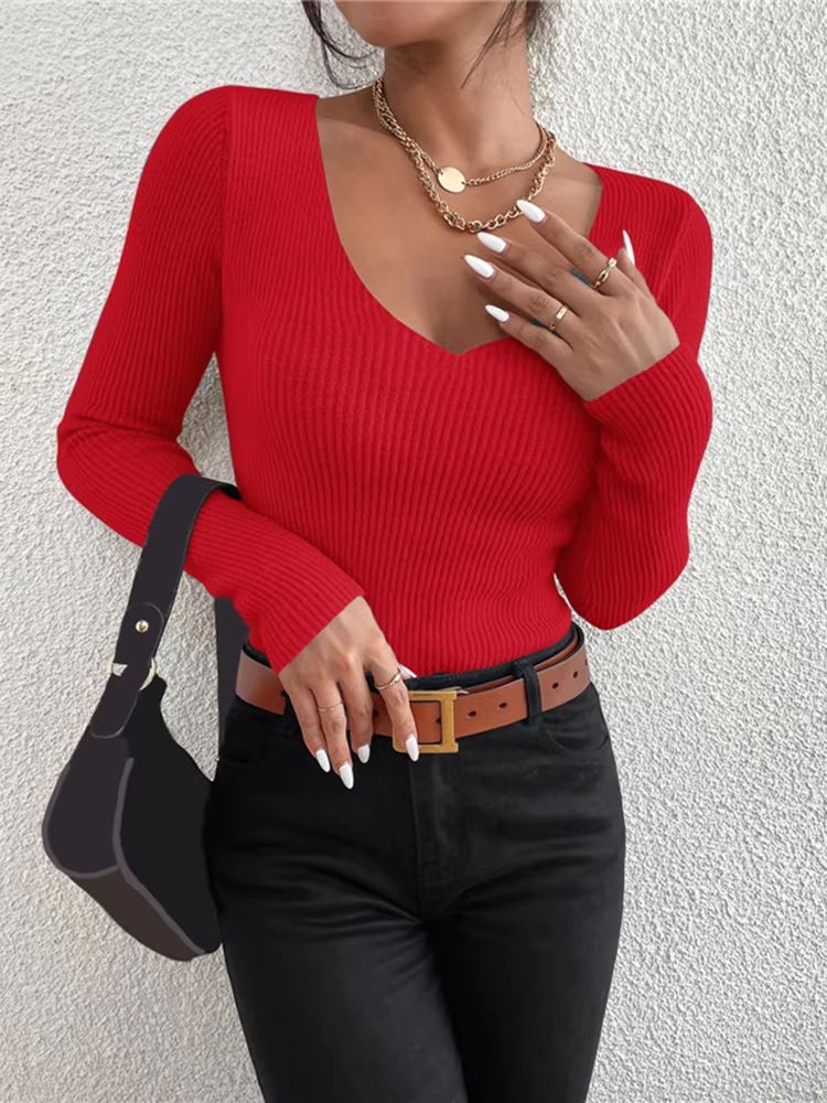 2025 Autumn Winter Women's Rib Knit V-Neck Sweater – Cozy Y2K Stripe Pullover Top