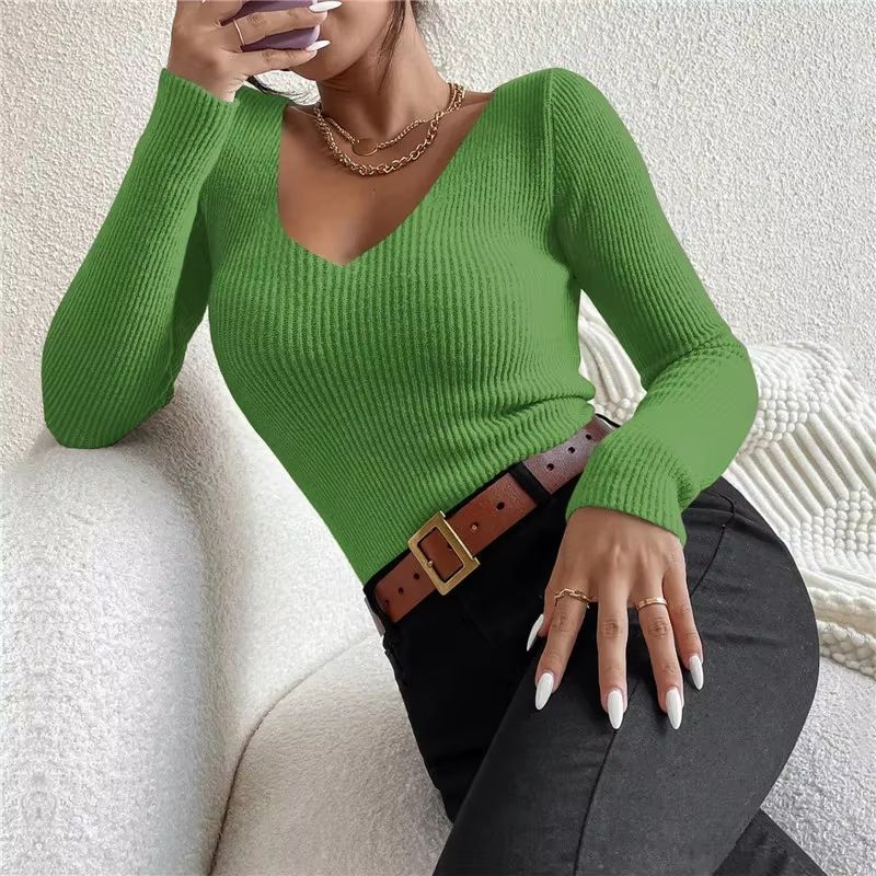 2025 Autumn Winter Women's Rib Knit V-Neck Sweater – Cozy Y2K Stripe Pullover Top