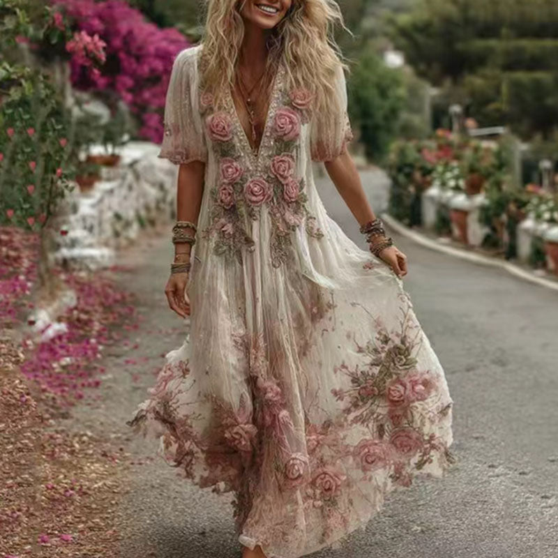 Spring Maxi Dress, 3D Flower Swing Pleated, Deep V Neck Short Sleeve, Retro Summer Dresses for Women