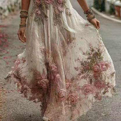 Spring Maxi Dress, 3D Flower Swing Pleated, Deep V Neck Short Sleeve, Retro Summer Dresses for Women