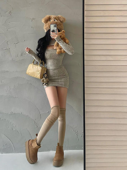 WOMENGAGA Sexy Hollow Out Dress, Long Sleeve Bodycon, Zipper Detail Knitted Sweater Dress, Elegant Korean Fashion