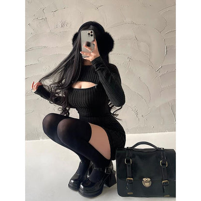 WOMENGAGA Sexy Hollow Out Dress, Long Sleeve Bodycon, Zipper Detail Knitted Sweater Dress, Elegant Korean Fashion