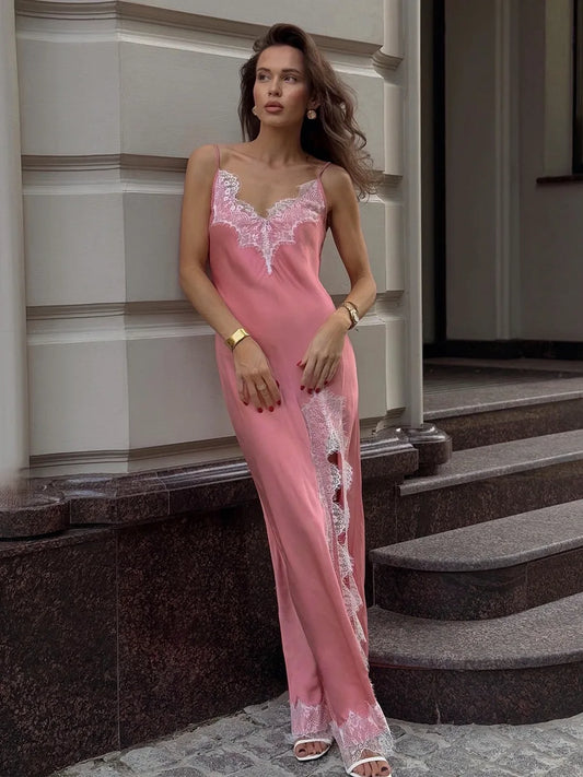 Wolfeel Womens Lace Camisole Long Dress, 2025 Summer New, Imitation Silk, Sexy Split Stitch Lace Dress
