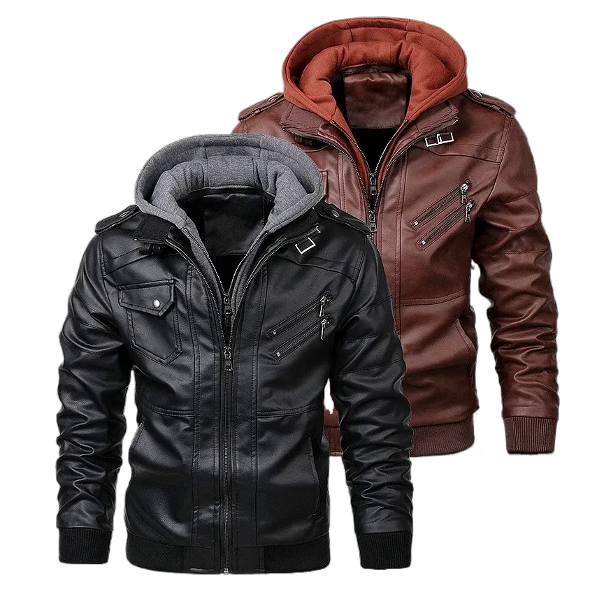 Mens Vintage Faux Leather Motorcycle Jacket, with Removable Hood, Camouflage Lining, Windproof Bomber Coat, Casual Styl