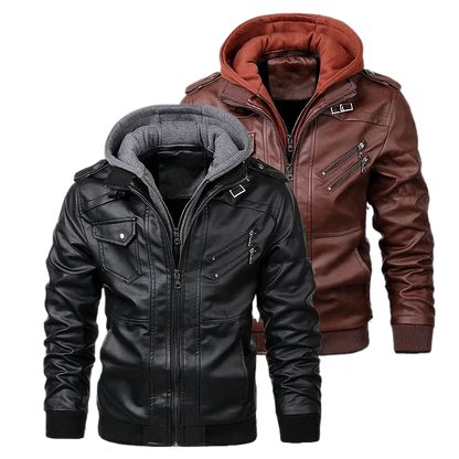 Mens Vintage Faux Leather Motorcycle Jacket, with Removable Hood, Camouflage Lining, Windproof Bomber Coat, Casual Styl