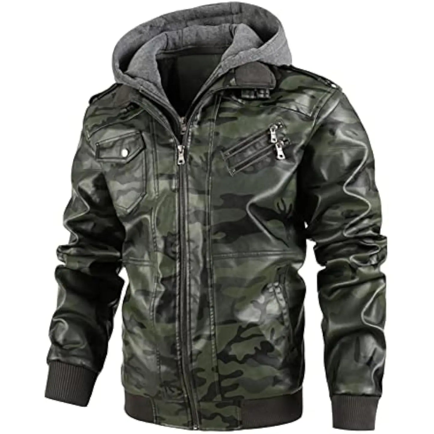 Mens Vintage Faux Leather Motorcycle Jacket, with Removable Hood, Camouflage Lining, Windproof Bomber Coat, Casual Styl