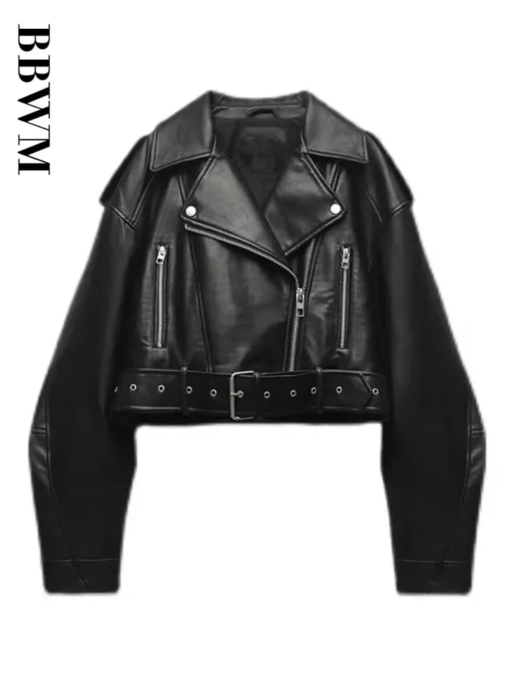 Womens Vintage Moto Jacket, Oversized Faux Leather Biker Coat, with Belt and Zipper, Streetwear Outwear