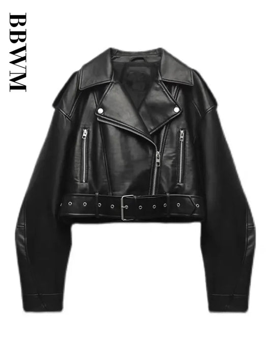 Womens Vintage Moto Jacket, Oversized Faux Leather Biker Coat, with Belt and Zipper, Streetwear Outwear