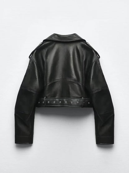Womens Vintage Moto Jacket, Oversized Faux Leather Biker Coat, with Belt and Zipper, Streetwear Outwear