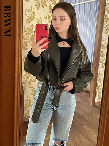 Womens Vintage Moto Jacket, Oversized Faux Leather Biker Coat, with Belt and Zipper, Streetwear Outwear