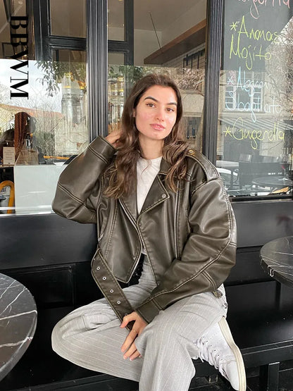 Womens Vintage Moto Jacket, Oversized Faux Leather Biker Coat, with Belt and Zipper, Streetwear Outwear