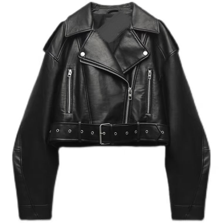 Womens Vintage Moto Jacket, Oversized Faux Leather Biker Coat, with Belt and Zipper, Streetwear Outwear