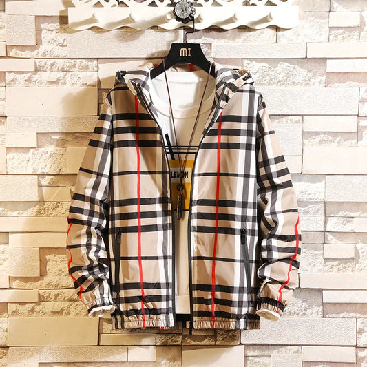Style Mens Plaid Jacket, Slim Fit Hooded Outerwear, Versatile Casual Clothing, Spring Autumn New Arrival