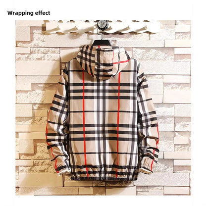 Style Mens Plaid Jacket, Slim Fit Hooded Outerwear, Versatile Casual Clothing, Spring Autumn New Arrival