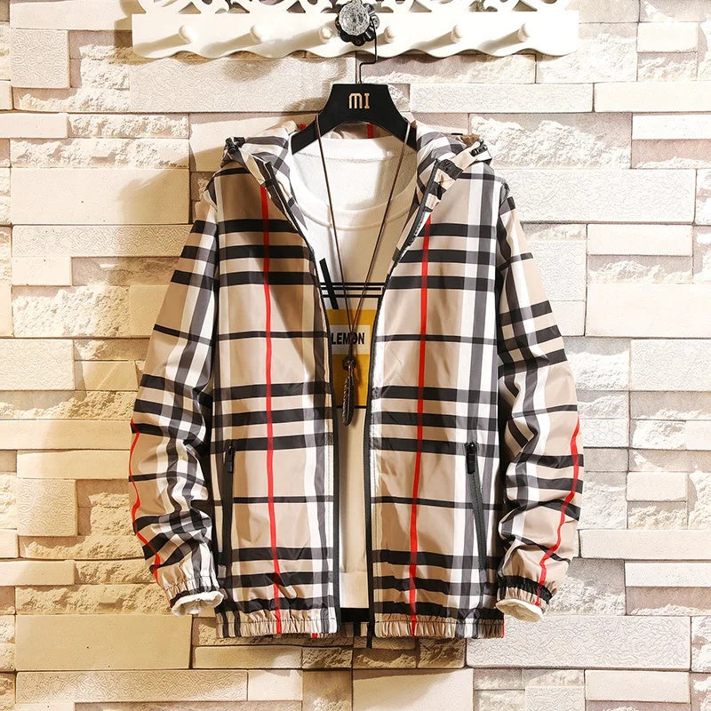 Style Mens Plaid Jacket, Slim Fit Hooded Outerwear, Versatile Casual Clothing, Spring Autumn New Arrival