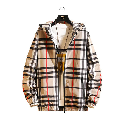Style Mens Plaid Jacket, Slim Fit Hooded Outerwear, Versatile Casual Clothing, Spring Autumn New Arrival