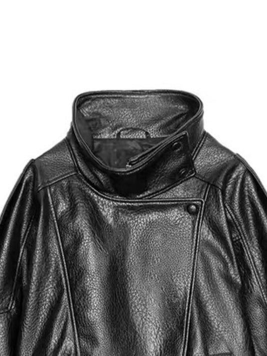 Women's Black PU Leather Jacket, Stand Collar, Asymmetric Front, Elastic Hem, Casual Cropped Outerwear