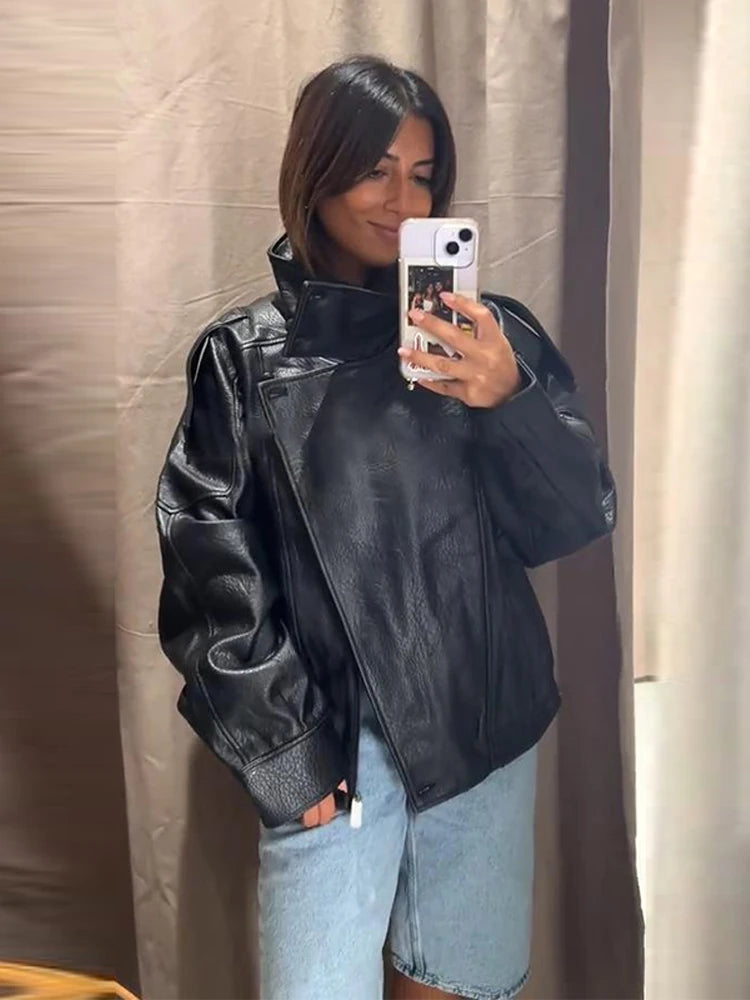Women's Black PU Leather Jacket, Stand Collar, Asymmetric Front, Elastic Hem, Casual Cropped Outerwear