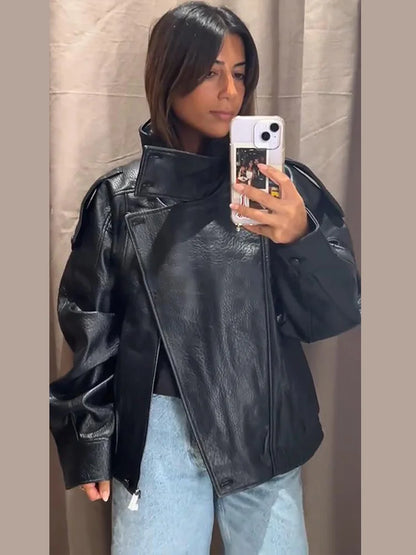 Women's Black PU Leather Jacket, Stand Collar, Asymmetric Front, Elastic Hem, Casual Cropped Outerwear