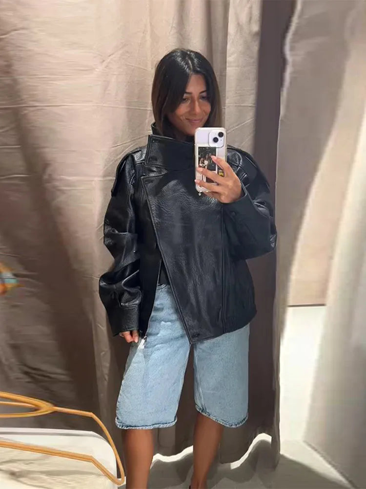 Women's Black PU Leather Jacket, Stand Collar, Asymmetric Front, Elastic Hem, Casual Cropped Outerwear