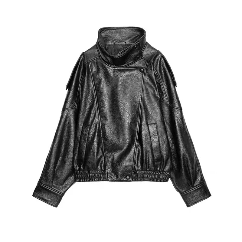 Women's Black PU Leather Jacket, Stand Collar, Asymmetric Front, Elastic Hem, Casual Cropped Outerwear