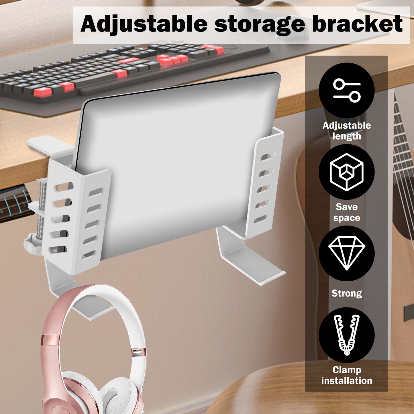 Desk Side Laptop Headphone Mount, 2Pcs Adjustable Hanging Laptop Holder, Space Saving Clamp on Desk for Home, Office