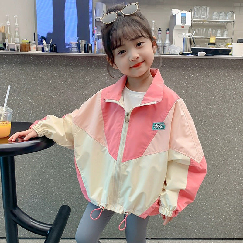 Colorblock Baseball Jacket for Girls, Spring and Autumn Trench Coat, Casual Fashion Outerwear for Children 2-10Years