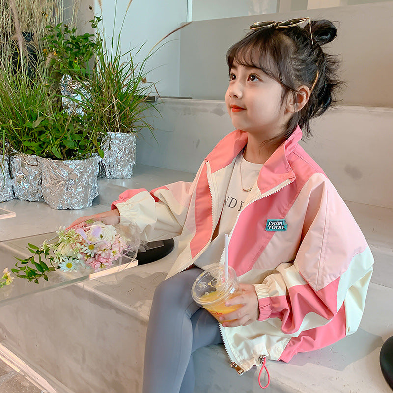 Colorblock Baseball Jacket for Girls, Spring and Autumn Trench Coat, Casual Fashion Outerwear for Children 2-10Years