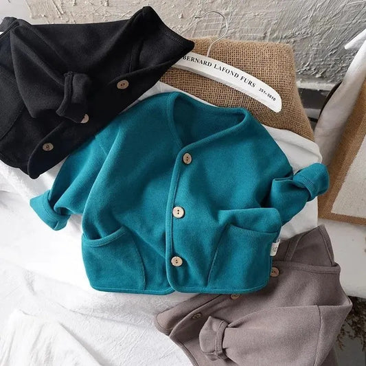 Autumn Style Cardigan for Kids, Loose Fit, Long Sleeve, Pure Cotton Casual Jacket, Solid Color Top for Boys and Girls
