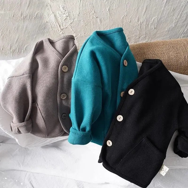 Autumn Style Cardigan for Kids, Loose Fit, Long Sleeve, Pure Cotton Casual Jacket, Solid Color Top for Boys and Girls