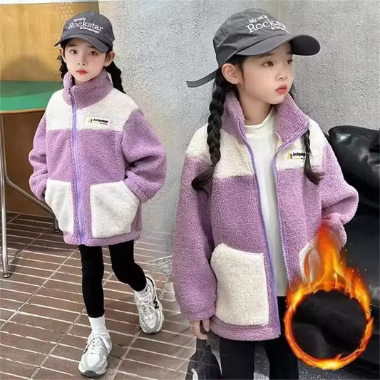 Girls LambWool Warm Jackets, Winter Kids Coats, Plus Velvet Padded Outerwear, New Teenager Fashion, Children Clothing