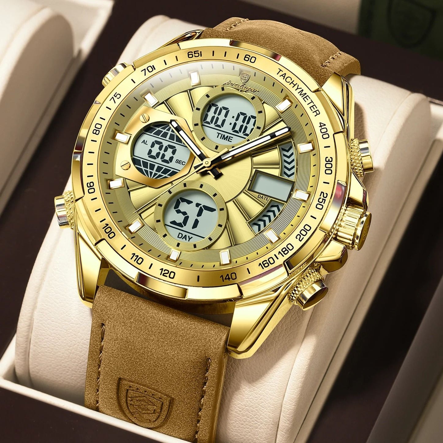 Poedagar LED Dual Time Mens Watch with Week Date Display and Quartz Movement