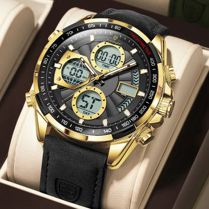 Poedagar LED Dual Time Mens Watch with Week Date Display and Quartz Movement