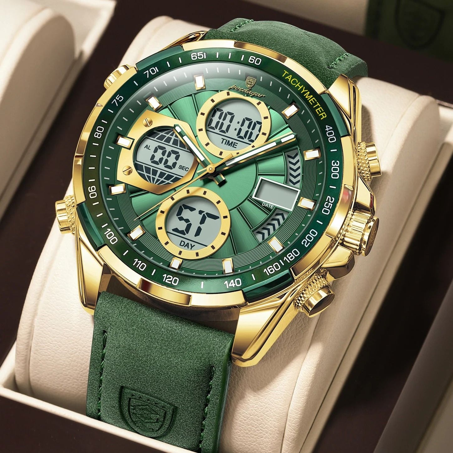 Poedagar LED Dual Time Mens Watch with Week Date Display and Quartz Movement