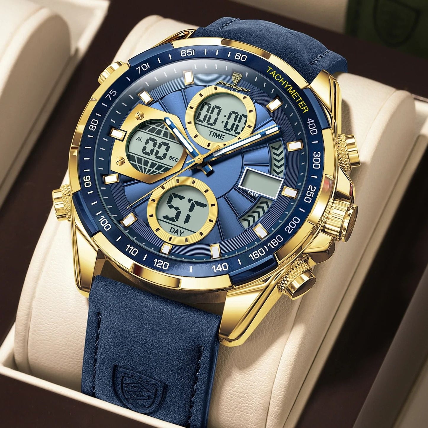 Poedagar LED Dual Time Mens Watch with Week Date Display and Quartz Movement