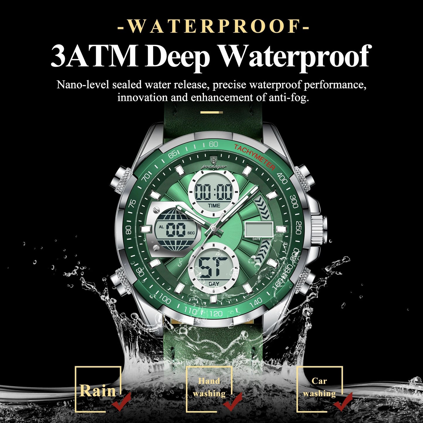 Poedagar LED Dual Time Mens Watch with Week Date Display and Quartz Movement