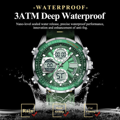 Poedagar LED Dual Time Mens Watch with Week Date Display and Quartz Movement