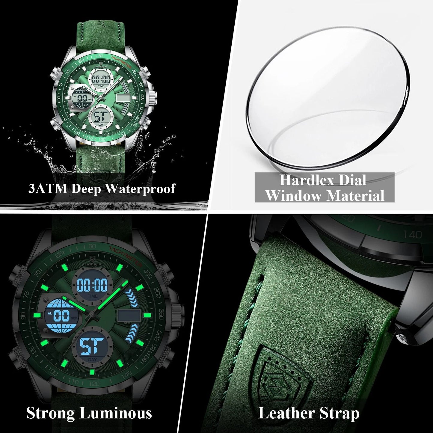 Poedagar LED Dual Time Mens Watch with Week Date Display and Quartz Movement