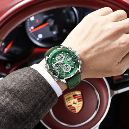 Poedagar LED Dual Time Mens Watch with Week Date Display and Quartz Movement