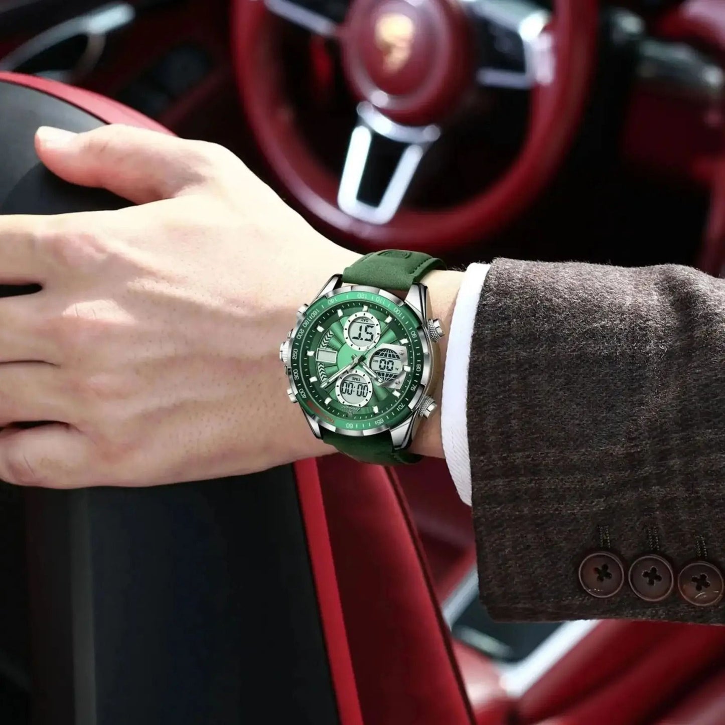 Poedagar LED Dual Time Mens Watch with Week Date Display and Quartz Movement