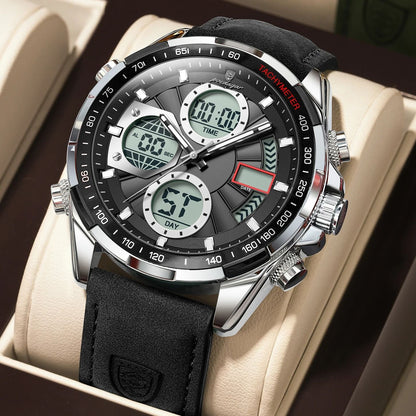Poedagar LED Dual Time Mens Watch with Week Date Display and Quartz Movement